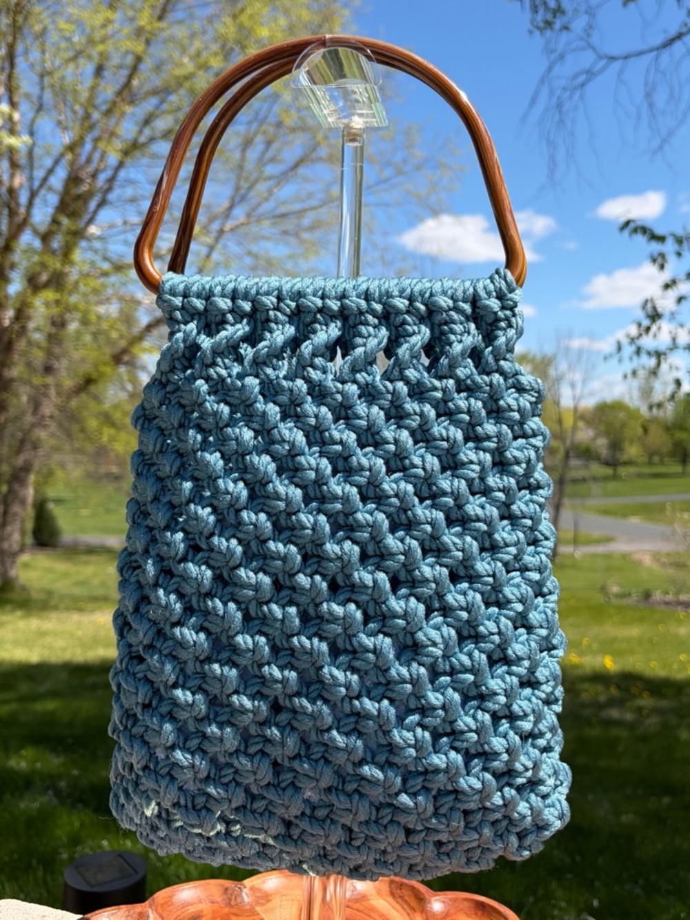 Vintage Macrame Handbag Blue Nylon Handmade EUC